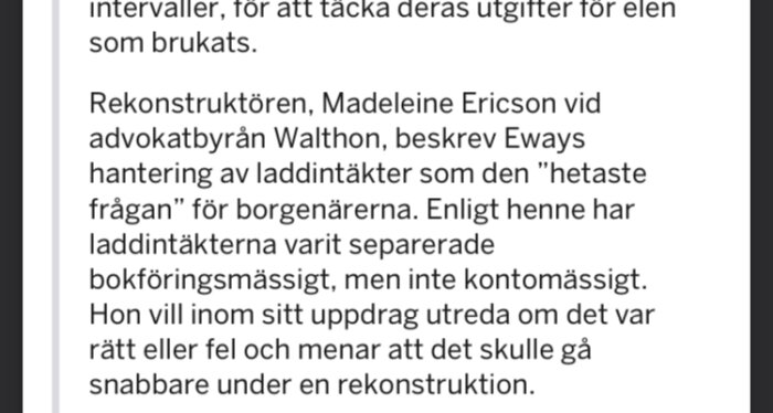 Skärmbild av text där rekonstruktören Madeleine Ericson från advokatbyrån Walthon diskuterar bokföringsmässig separation av laddintäkter.