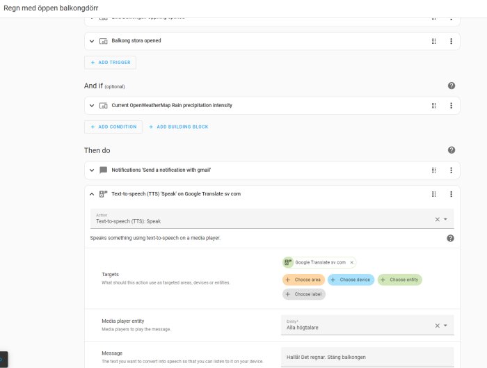 Skärmbild av Home Assistant-automation som skickar mail och talar via högtalare när balkongdörren är öppen och väderappen rapporterar regn.