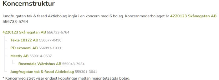 Koncernstruktur som visar Jungfrugatan tak & fasad Aktiebolags tillhörighet med företag som Skånegatan AB, Tekle 18122 AB, PD ekonomi AB, Meetly AB och Rosendals Wärdshus AB.