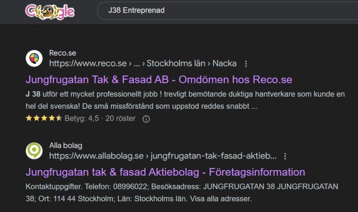 Google-sökresultat för "J38 Entreprenad" visar företagsprofil och recensioner för Jungfrugatan Tak & Fasad AB.