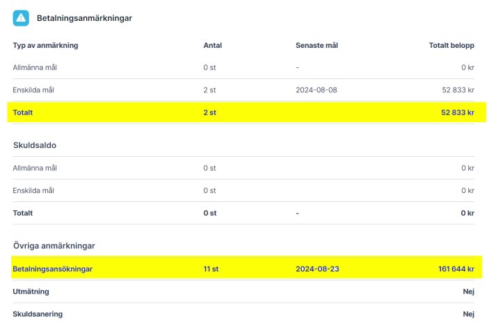 Översikt av betalningsanmärkningar för ett företag, med totalt 2 anmärkningar och en skuld på 52 833 kr. Ytterligare 11 betalningsansökningar finns.