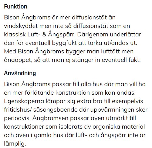 Text som beskriver funktion och användning av Bison Ångbroms, en diffusionsöppen byggprodukt som används i konstruktioner som behöver andas.