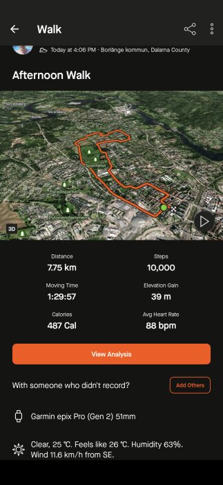 3D-karta över en promenadbana i Borlänge, Dalarna län. Statistik: 7,75 km, 1:29:57 tid, 487 kcal, snittpuls 88 bpm, 10000 steg på Garmin epix Pro (Gen 2).