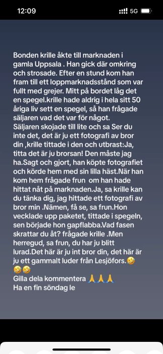 Bilden visar en text om en man som tror att en spegel är ett fotografi av sin bror, köper den och senare får veta att han har blivit lurad av sin fru.