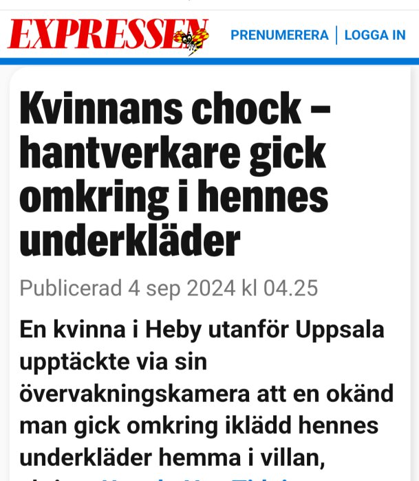 Expressen-tidningens onlineartikel med rubriken "Kvinnans chock – hantverkare gick omkring i hennes underkläder".