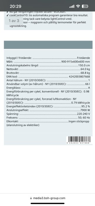 Specifikationsblad för ugn som visar mått, vikt, energiklasser, effekt och anslutningskrav inklusive behov av 3-fas uttag, samt en streckkod nederst.