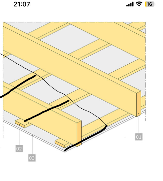 Illustration av ett takprojekt där träreglar (28x70) fästs i ett betongtak med svarta markeringar som visar områden där det är svårt att komma åt att fästa.