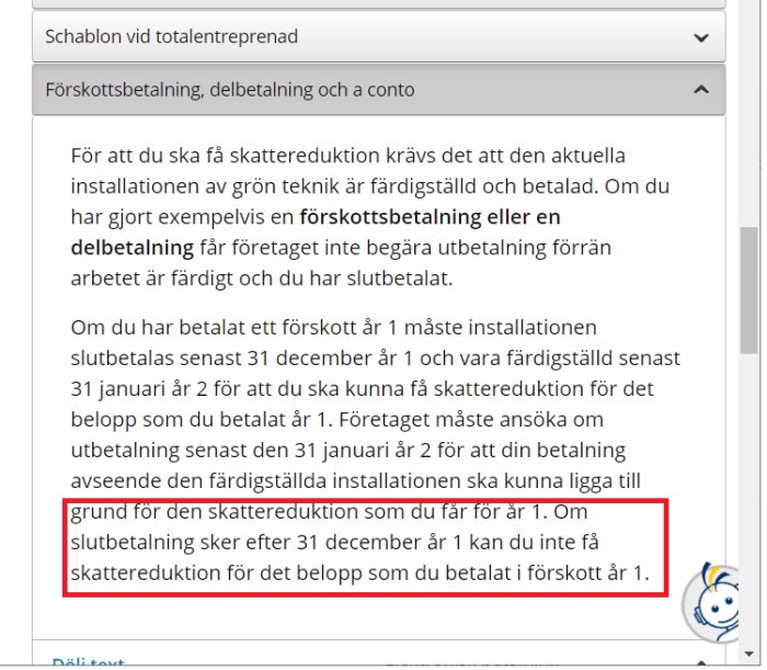 Informationsruta från Skatteverkets hemsida om regler för skattereduktion vid förskotts- och delbetalning för grön teknik, med text om viktiga datum markerad i rött.