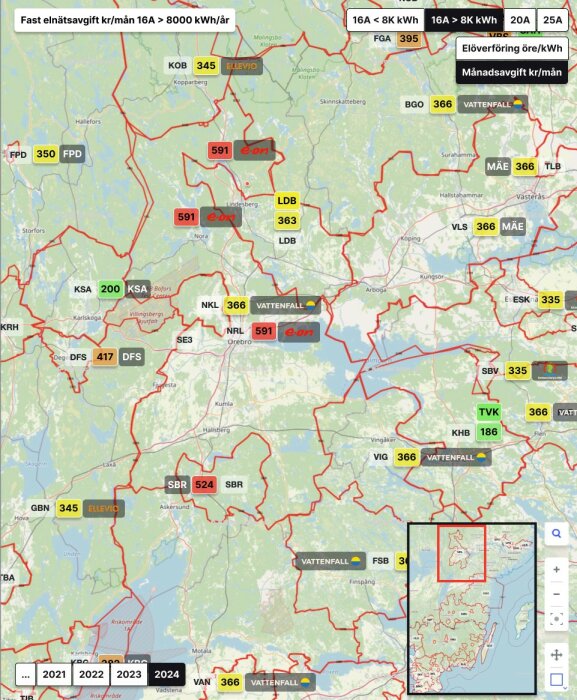 Karta över elnätsområden i Sverige med avgifter och elöverföringspriser markerade i olika färger för olika nätägare som EON, Vattenfall och Ellevio.