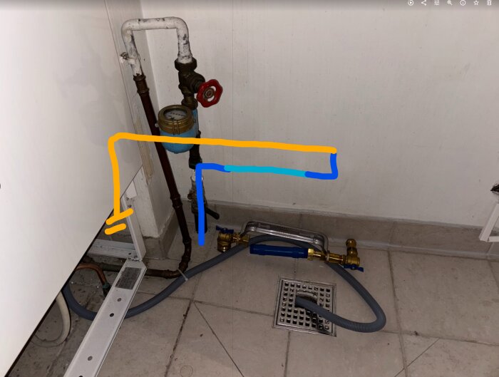 Vattenmätare monterad på rör på vägg ovanför golvbrunn, med färgmarkeringar på rörelser riktning ner och åt vänster och kringliggande rördragning på golv.
