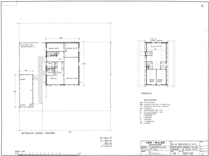 Arkitektritning över 1.5-plans villa med bottenplan och vindplan. Bottenplan visar planlösning för vardagsrum, kök, sovrum och badrum. Vindplan visar två sovrum och allrum.