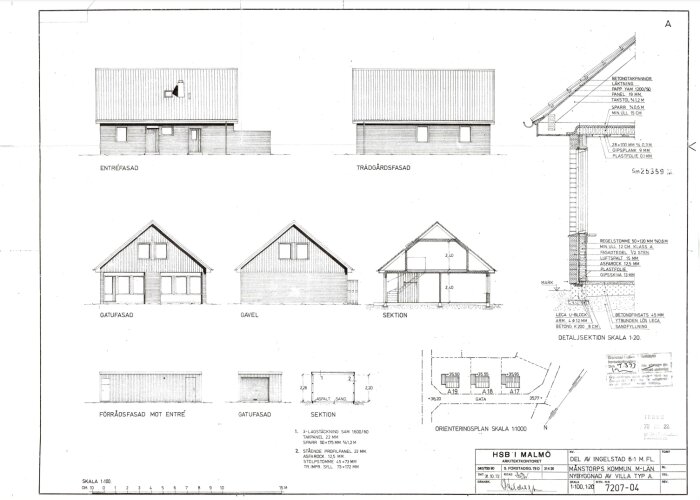 Arkitektritning av en 1.5-plans villa med tegelfasad, inklusive framsida, baksida, gavel, sektion och konstruktionsdetaljer, samt orienteringsplan.