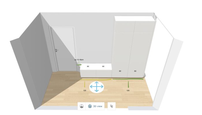 3D-ritning av en hall med platsbyggda IKEA Metod-skåp som linneförvaring och en sittbänk. Skåpen har märkningar som visar mått och nivåskillnader i golvet.