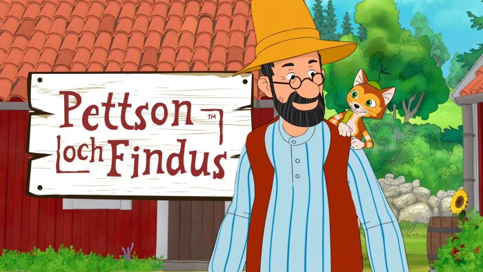 Tecknade figurerna Pettson och Findus står framför en skylt med texten "Pettson och Findus" och ett rött hus i bakgrunden.