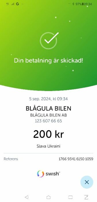 Skärmdump av en bekräftelse för en Swish-betalning på 200 kr till "BLÅGULA BILEN" med meddelandet "Slava Ukraini", gjord den 5 sep. 2024.