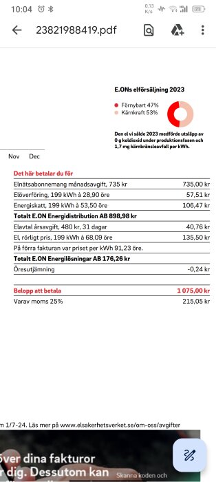 E.ON faktura med elförbrukning på 199 kWh och totalkostnad på 1075 kr där elen kostar 5,40 kr/kWh.