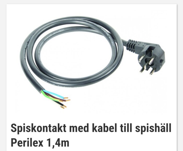 Perilex spiskontakt med svart kabel för spishäll med 1,4 meters längd och synliga ledare i olika färger.