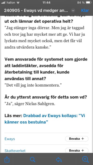 Screenshot av en artikelingress från en tidning som återger ett citat av Niclas Sahlgren om ansvar för laddintäkter och beslut om att lämna det operativa helt.