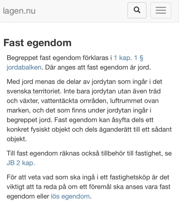 En skärmdump från lagen.nu med en artikel som förklarar begreppet "Fast egendom" enligt 1 kap. 1 § jordabalken.