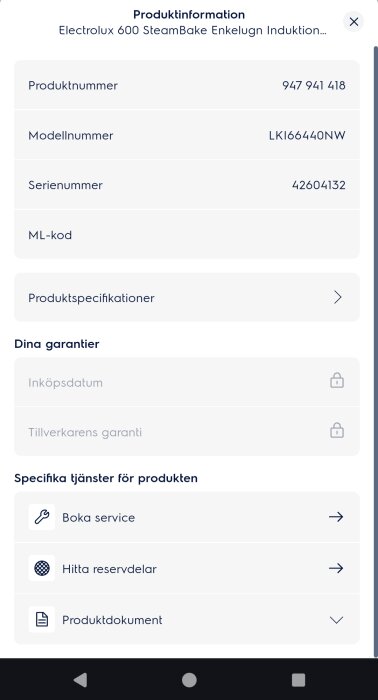Skärmdump som visar produktinformation för Electrolux 600 SteamBake enkellugn induktionsugn med modellnummer LKI66440NW.