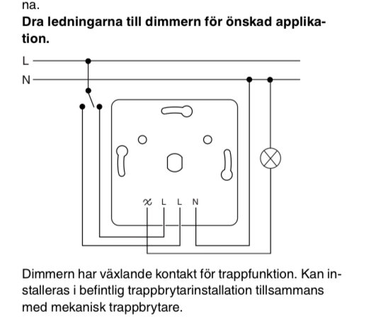 Kopplingsschema för att installera en dimmer med växlande kontakt för trapfunktion tillsammans med en mekanisk trappbrytare, inklusive ledningar och lampor.