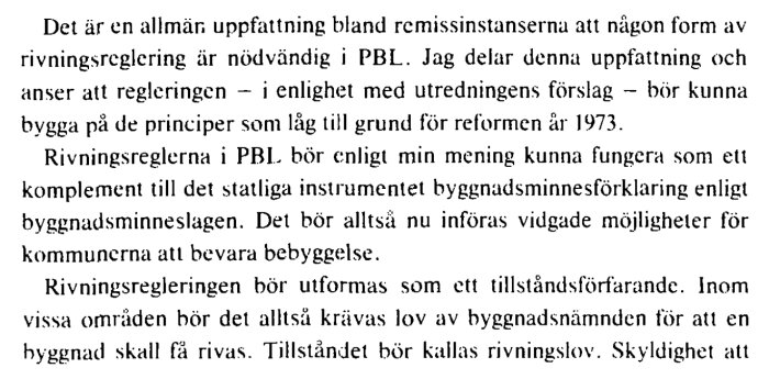 Utdrag från propositionen 1985/86:1 om införandet av rivningslov i Plan- och bygglagen (PBL), som beskriver regleringen och dess syfte.