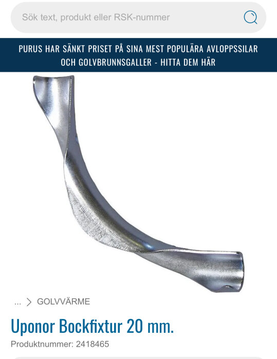 Uponor bockfixtur 20 mm i metall, produktnummer 2418465, används för att hålla rör på plats vid installation av golvvärme eller VVS-system.