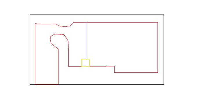 Skiss över installation av begränsningskabel (röda linjer) och guidekabel (blå linje) för Gardena robotgräsklippare, med en gul markering för laddstationen.