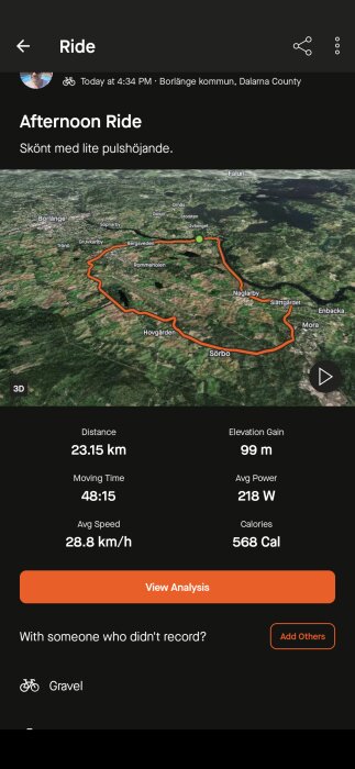 GPS-karta över en cykeltur i Borlänge kommun, visar rutt, avstånd 23,15 km, höjdökning 99 m, genomsnittshastighet 28,8 km/h, kalorier 568, tid 48:15.