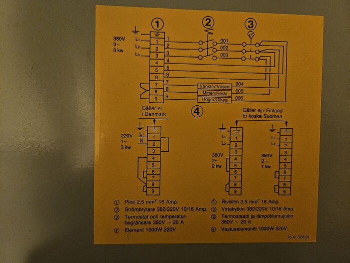 Gul schemaöversikt som visar elektriska kopplingsdiagram och instruktioner för varmvattenberedare av olika märkeffekter och spänningar.