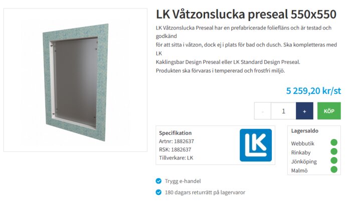 Produktbeskrivning för LK Våtzonlucka Preseal 550x550 mm med pris, specifikationer och lagersaldo hos olika butiker.