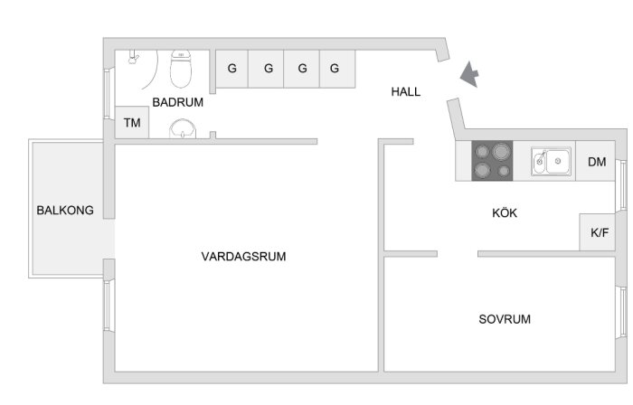 Planskiss som visar en befintlig planlösning med vardagsrum, kök, sovrum, badrum, hall och balkong.