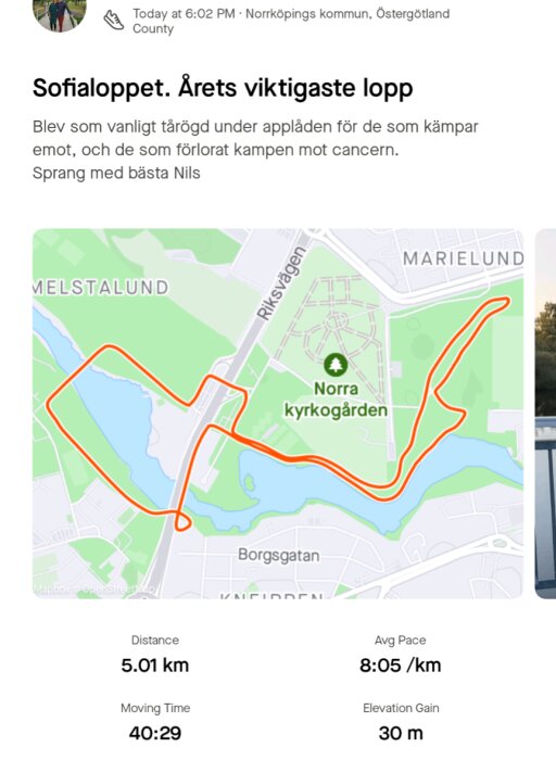 Karta från en löpningsapp för Sofialoppets rutt i Norrköping, som visar en 5,01 km sträcka runt Norra Kyrkogården, med genomsnittlig hastighet 8:05/km och 30 m höjdskillnad.