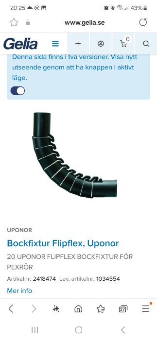 Bockfixtur Flipflex från Uponor, en svart bockfixtur för PE-X-rör med artikelnummer 2418474, visas på en produktsida på gelia.se.