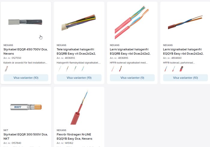 Bild av åtta olika kablar från varumärkena Nexans och NKT på Ahlsells webbsida. Kablar inkluderar styrkablar och signal/larmkablar av modellerna EQQR och EQQY.