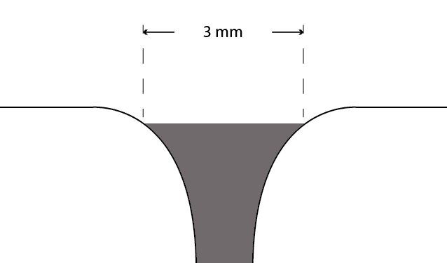 Diagram av en platta med en fog som är 3 mm bred i toppen, där fogen blir smalare djupare ner.