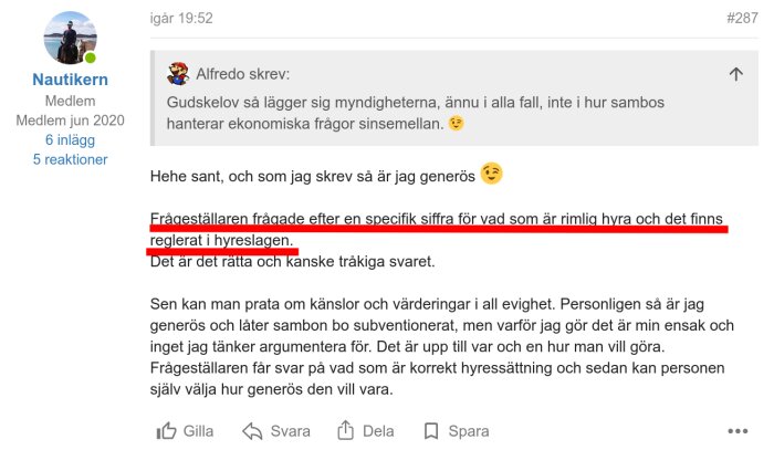 Ett foruminlägg om reglering angående rimlig hyra, med ett citat märkt i rött som nämner "det finns reglerat i hyreslagen," från en diskussion om hyressättning.