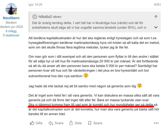 Skärmdump av ett forumdiskussionsinlägg, där användaren "Nautikern" svarar på en fråga om kapitalkostnader och hyresregler, med texten delvis markerad i rött.