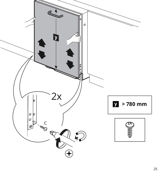 Illustration av montering av en diskmaskinlucka med beskrivning av placering och skruvning av sidoskruvar samt justering av luckans höjd.