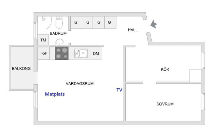 Planritning av lägenhet med vardagsrum, matplats, kök, sovrum, badrum, hall och balkong. Toalettrum och garderober bredvid hallen, kök och matplats bredvid varandra.