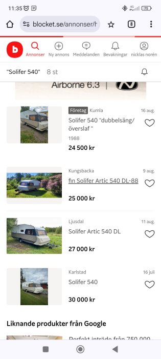 Skärmbild av Blocket-annonser för husvagnar av märket "Solifer 540" med priser mellan 24 500 kr och 30 000 kr, listade i Kumla, Kungsbacka, Ljusdal och Karlstad.