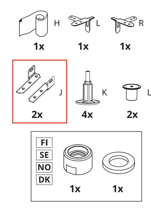 Monteringsinstruktioner med olika komponenter, inklusive två metallbeslag (markerade J) i röd ruta, skruvar och andra monteringsdelar.