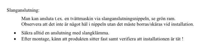 Instruktioner från Faluplast som beskriver hur man ansluter en tvättmaskin via en slanganslutningsnippel, inklusive vikten av att använda en slangklämma.