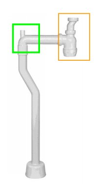 Diagram av ett avloppssystem för diskbänk med avsågat rör, färgmarkerat för att visa komponenter och montering enligt Faluplast installationsanvisningar.