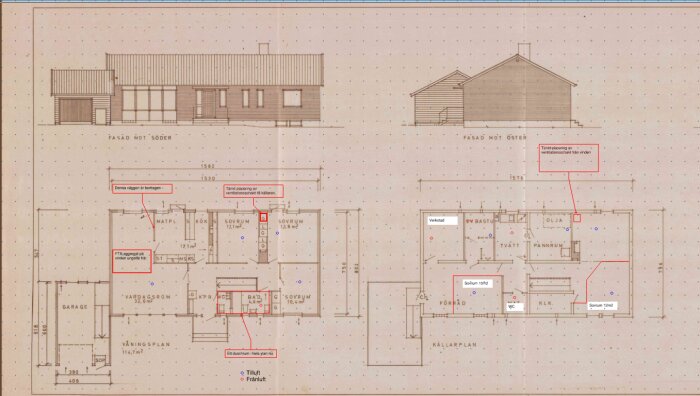 Skiss som visar framtida ventilationsplanering för en bostad byggd 1967, med FTX-aggregat på vinden och ventilationsschakt till källaren.