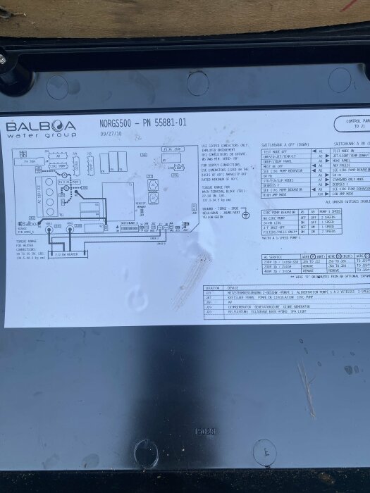 Manual för en elektrisk enhet från Balboa Water Group som visar kopplingsschema och specifikationer för en produkt med artikelnummer NORG5500 – PN 55881-01.