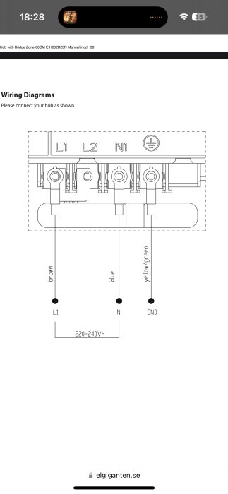 Diagram av inkoppling av häll med anslutningspunkter märkta L1, L2, N1 och jord, samt färgkodade kablar: brun för L1, blå för N och gul/grön för jord.
