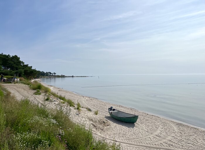 En grön båt ligger på en sandstrand vid en stilla kust. Det finns grönska längs stranden och träd i bakgrunden under en klar himmel.