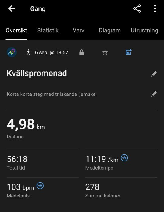 Översiktsvy av en kvällspromenad med detaljer som distans 4,98 km, total tid 56:18, medeltempo 11:19/km, medelpuls 103 bpm och kaloriförbrukning 278 kcal.