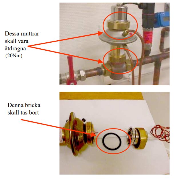 Övre bilden visar två muttrar som ska vara åtdragna på en varmvattenregulator. Nedre bilden visar en bricka som ska tas bort från regulatorn.